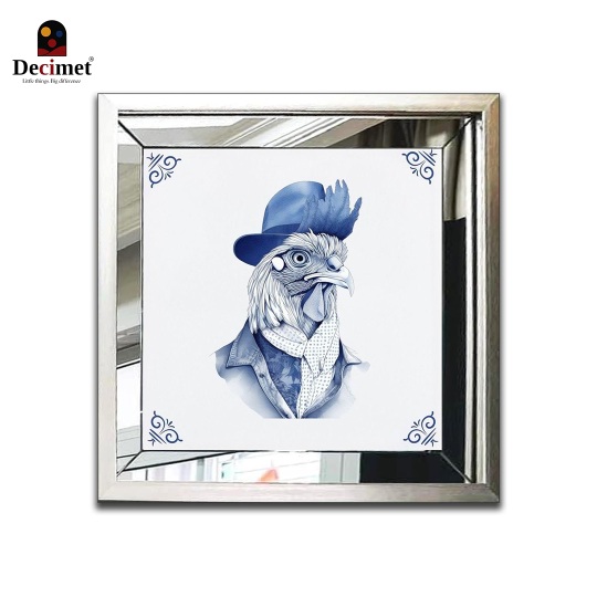 Composite Silver Mirror Frame Painting Chinoiseries Vintage Funny Chicken 