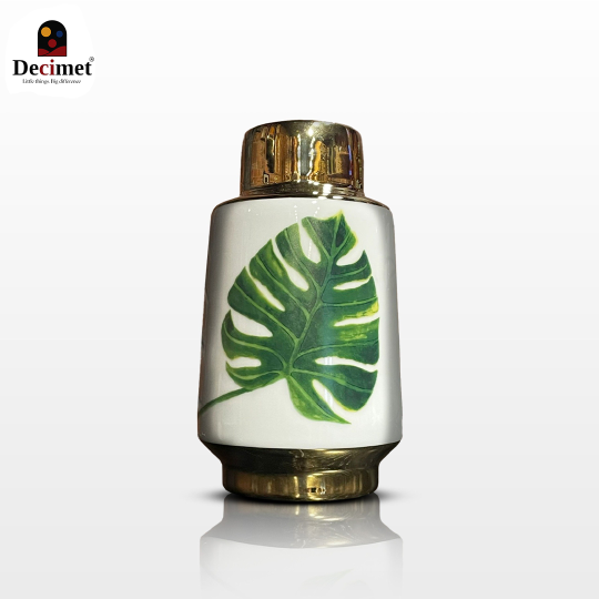 GOLD WHITE GREEN LEAF CERAMIC VASE