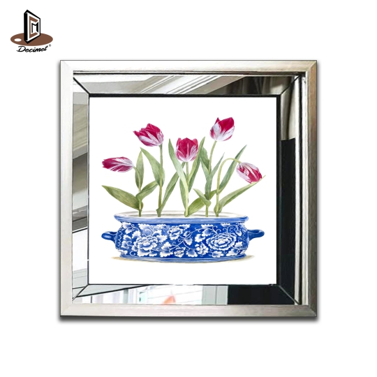 Tranh Khung Gương Bạc Ghép Composite Chinoiseries. Five Tulips With Chinese Vase