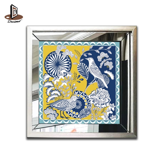 Chinoiseries.Cute Birds By The Yard Blue White Yellow Retro Exotic Flowers