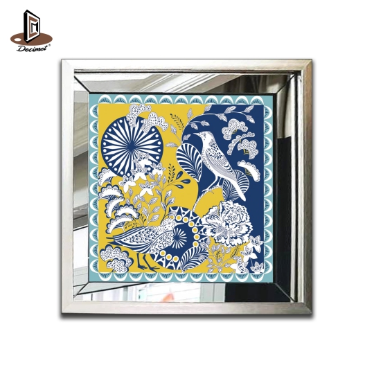 Tranh Khung Gương Bạc Ghép Composite Chinoiseries.Cute Birds By The Yard Blue White Yellow Retro Exotic Flowers