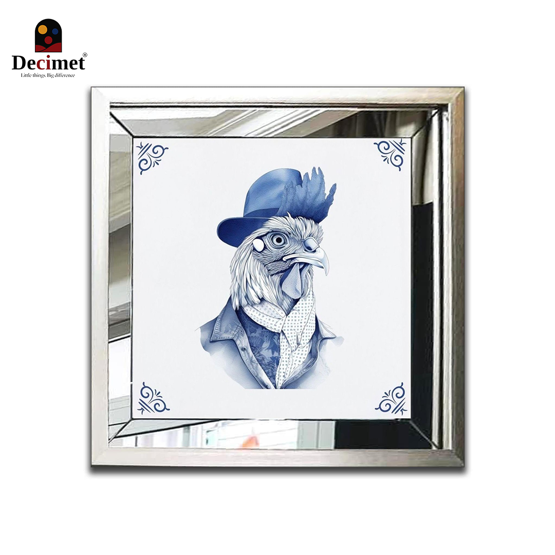 Composite Silver Mirror Frame Painting Chinoiseries Vintage Funny Chicken 