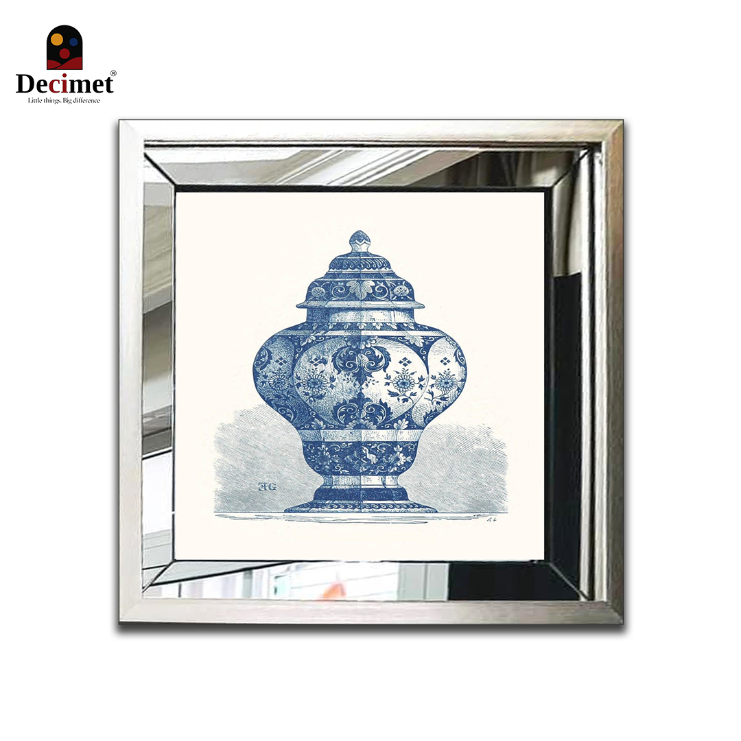 Composite Silver Mirror Frame Painting Chinoiseries. Blue Chinese Vase