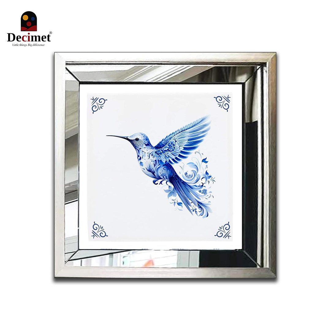 Composite Silver Mirror Frame Painting Chinoiseries Blue Bird Wall