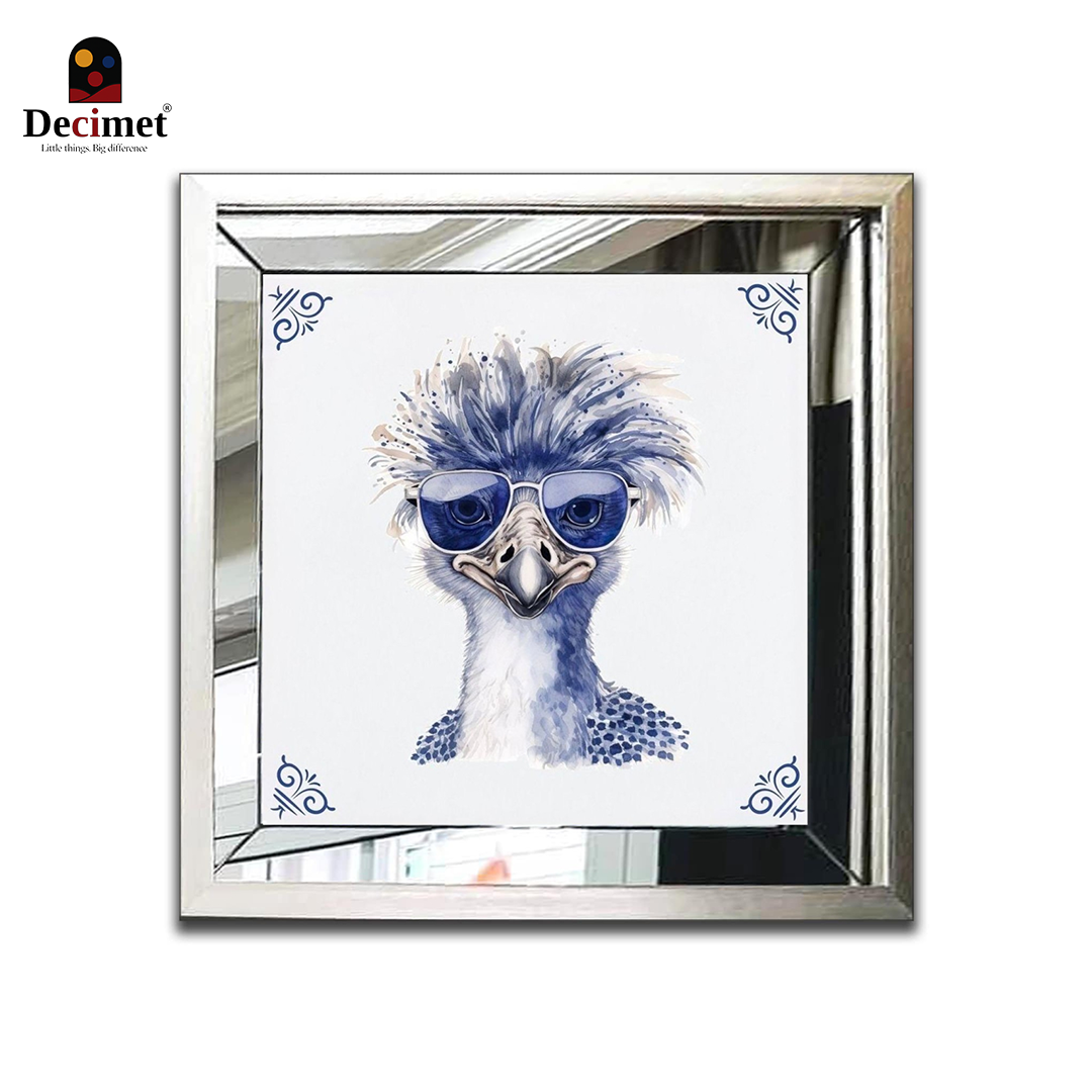 Composite Silver Mirror Frame Painting Chinoiseries Struisvogel Met Golvend Haar