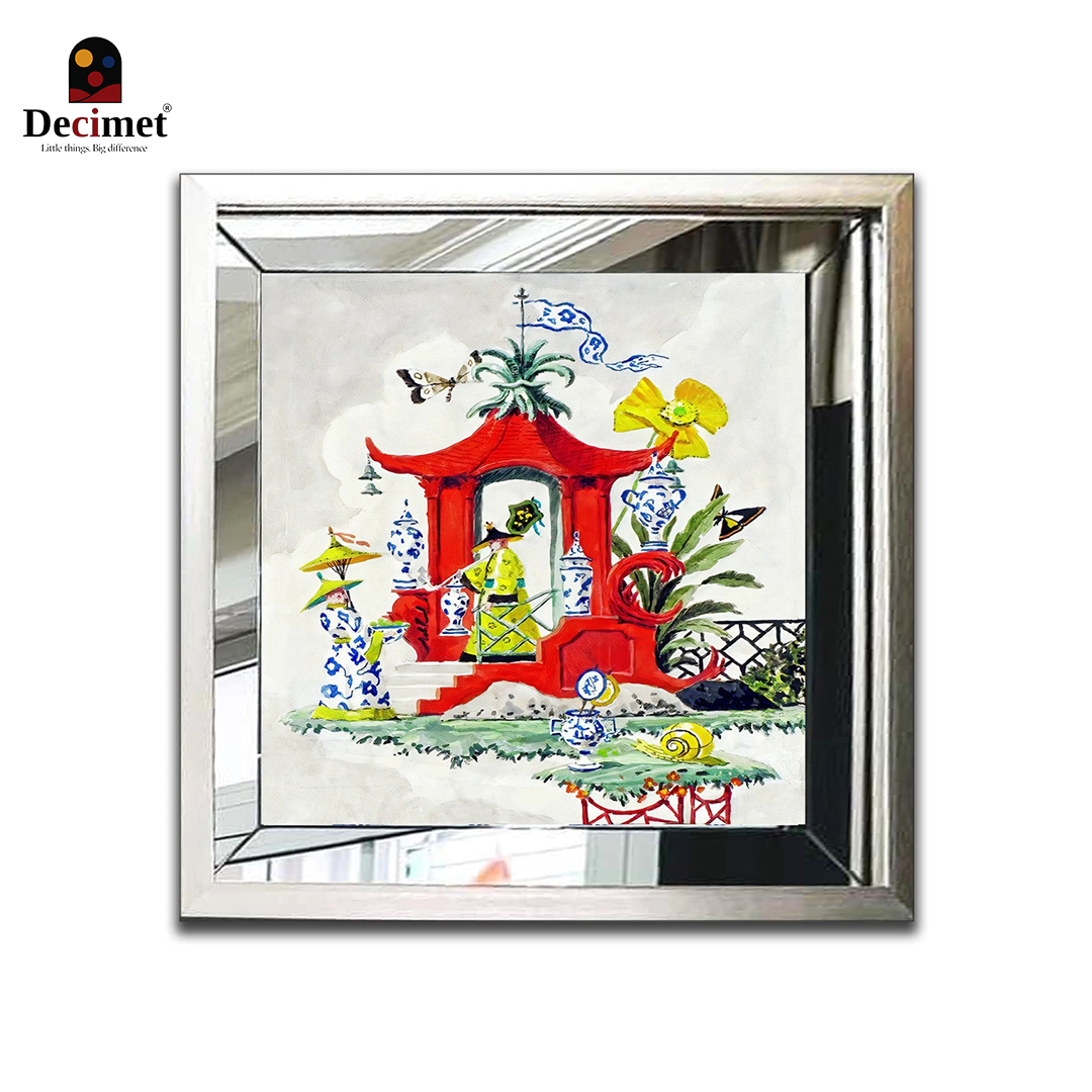 Composite Silver Mirror Frame Painting Chinoiseries Willow Pagodas
