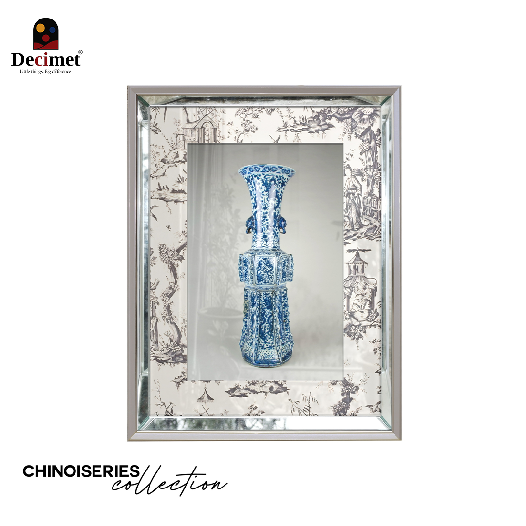 Composite Silver Mirror Frame Painting Chinoiseries Hexagonal Vase