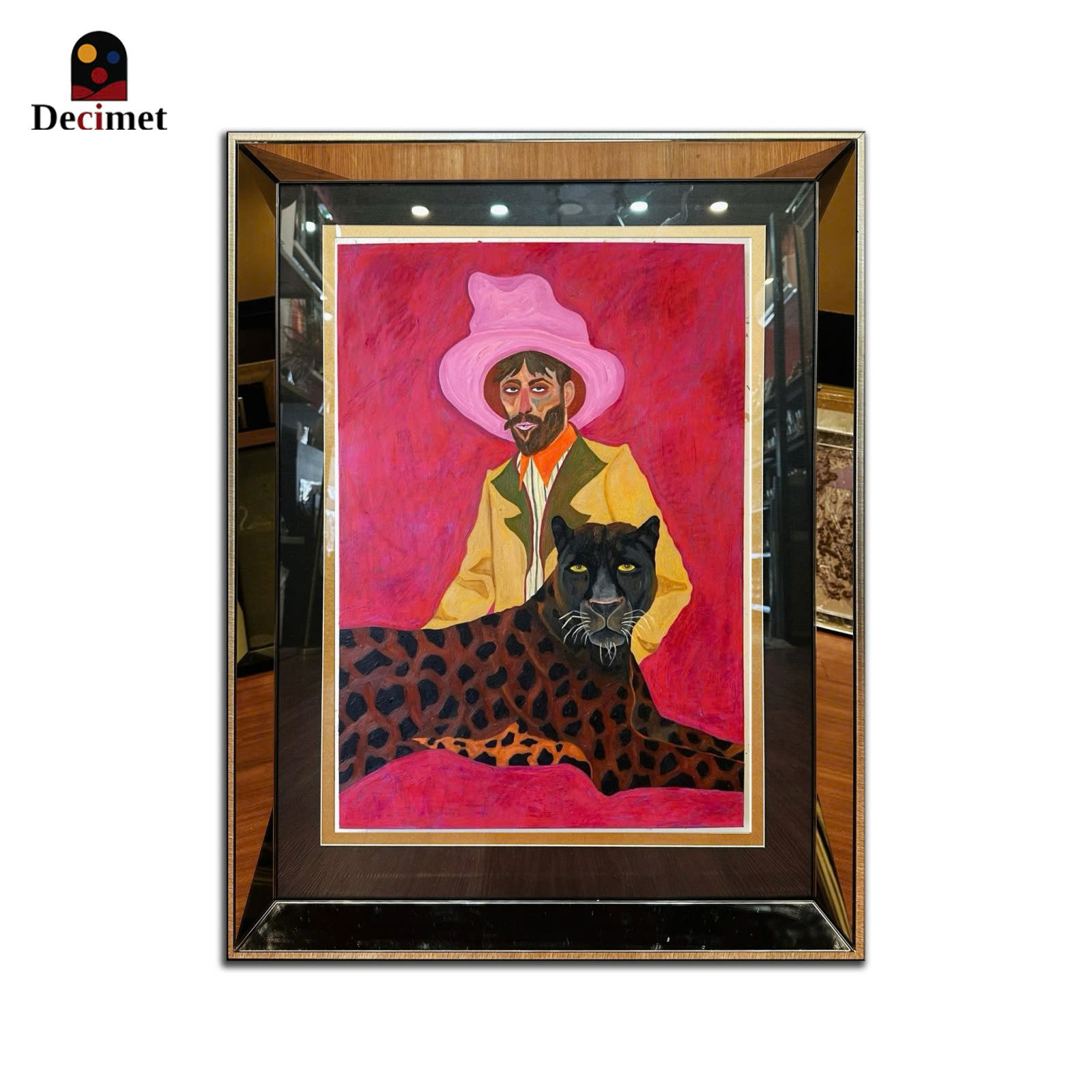 Tranh Khung Gương Trà Man Wearing Pink Hat with Big Cat