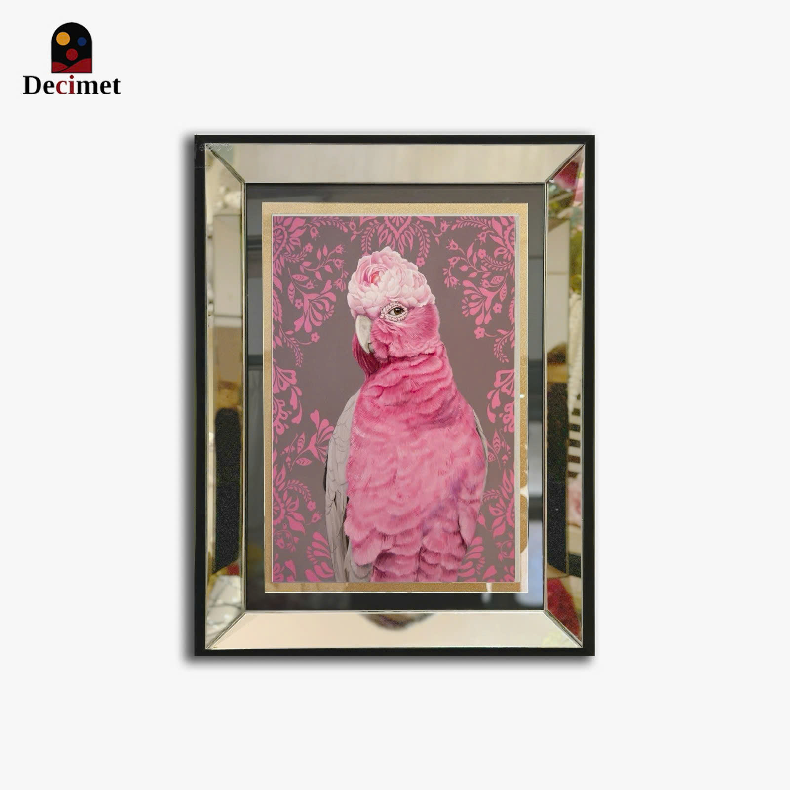  The Pink Parrot  Art Print with Silver Mirror Frame