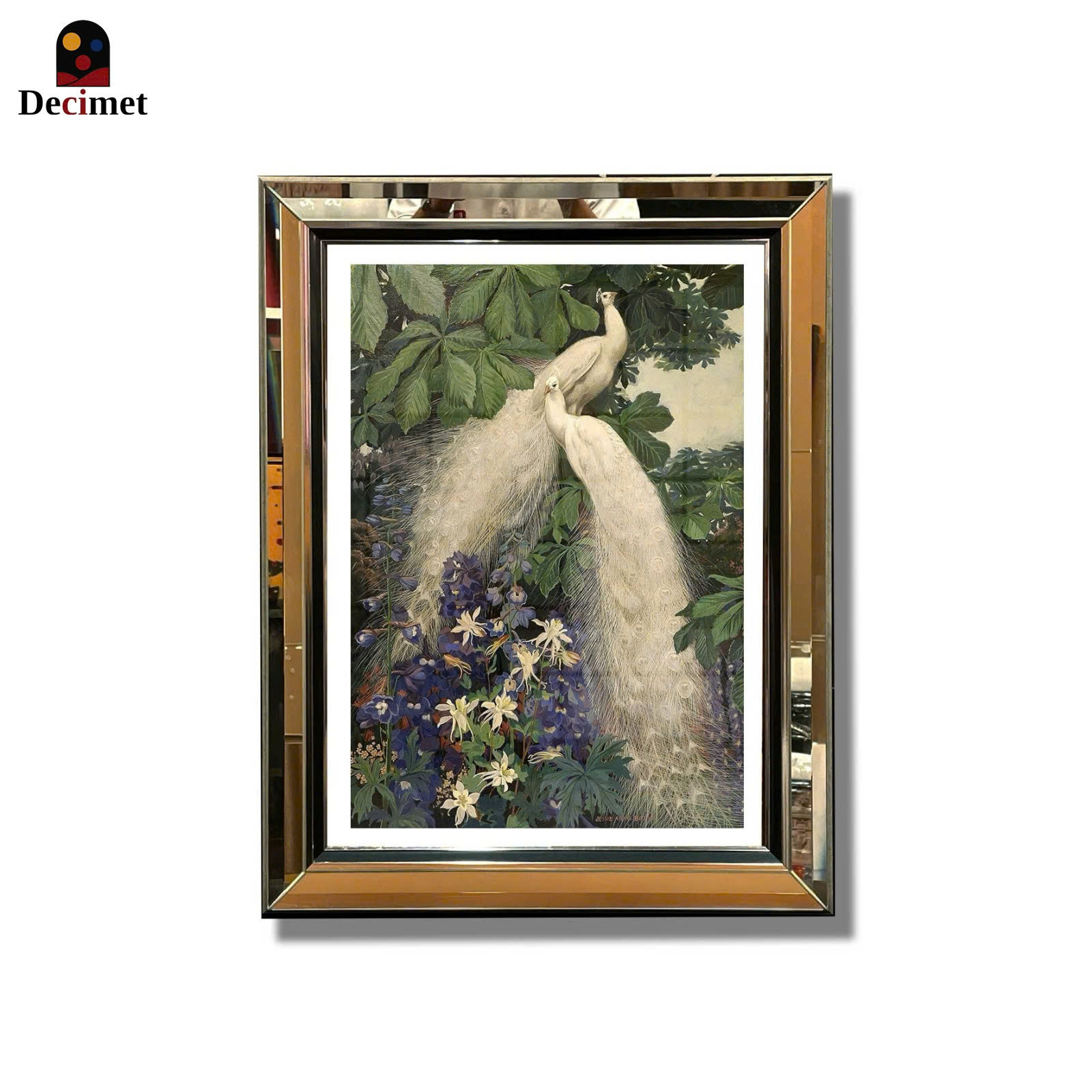Mirror Frame Painting Of Beveled Chive Leaves And Peacocks And Pigeons In The Garden