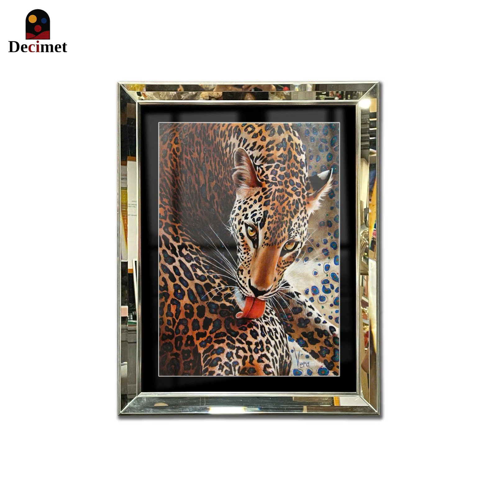 Leopard Wildlife Beveled Mirror Frame Painting