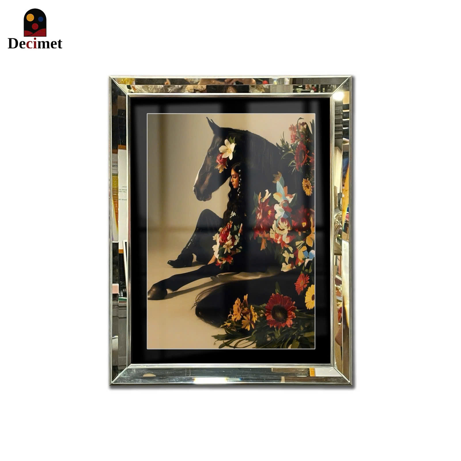 Horse Flower Art Beveled Mirror Frame Painting