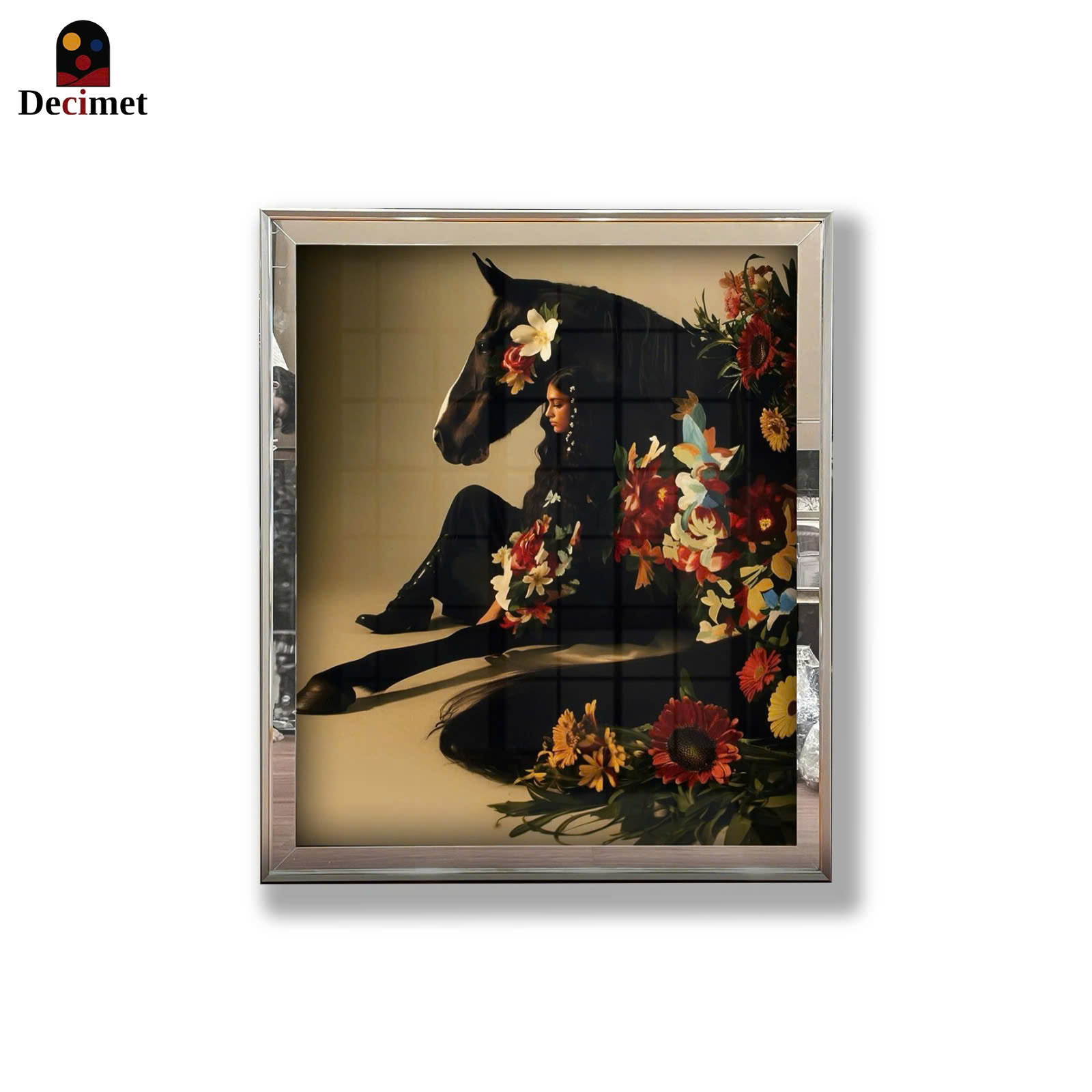 Compound Mirror Frame Painting with 1 Composite Border Horse Flower Art